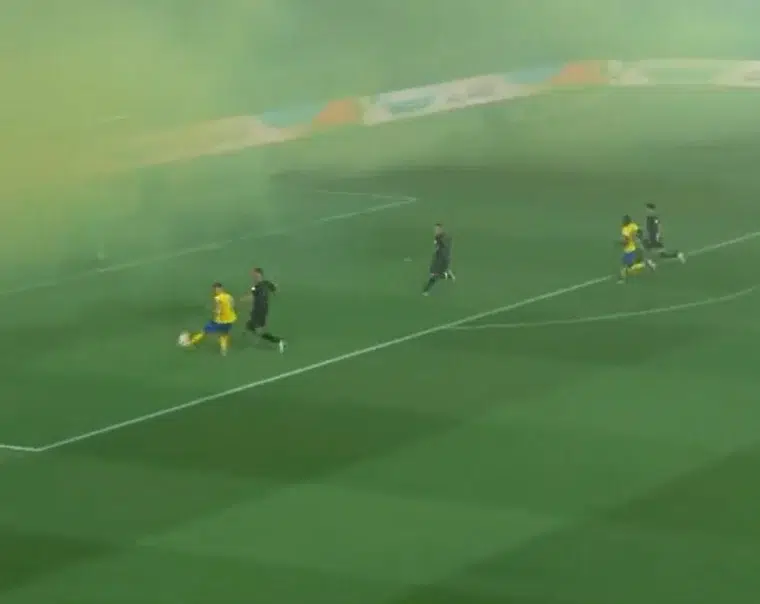 Cristiano Ronaldo put Al Nassr up 1-0 in the 4-3 victory over Al-Ahli on Friday, and the penalty area was engulfed in smoke at the time.